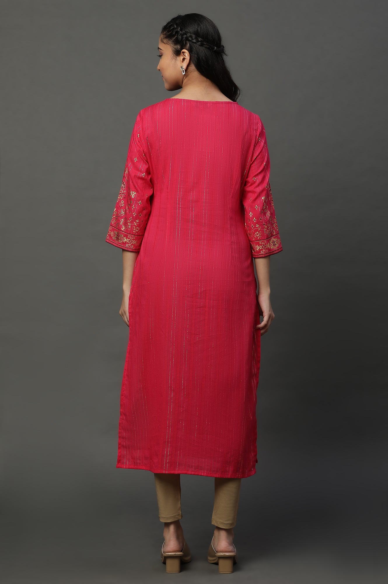 Pink and Wine Foil Printed Festive Kurta