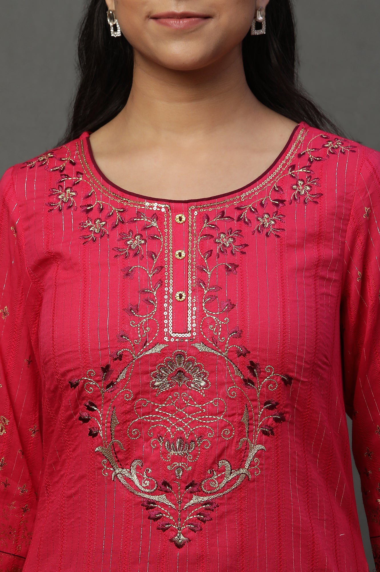 Pink and Wine Foil Printed Festive Kurta