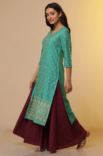 Green Embellished Festive Kurta with Gold Puff Print