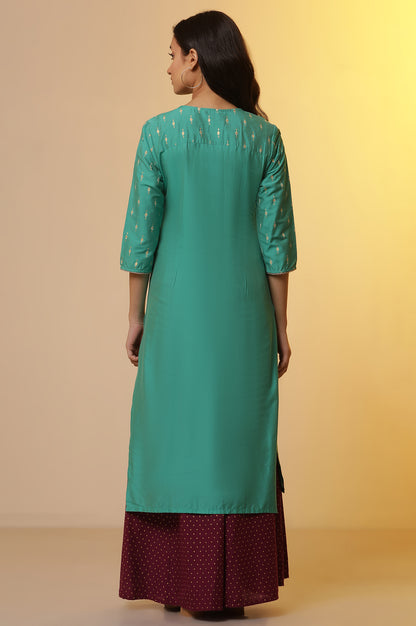 Green Embellished Festive Kurta with Gold Puff Print