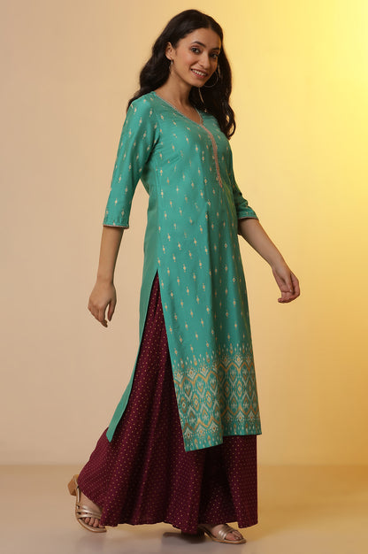 Green Embellished Festive Kurta with Gold Puff Print