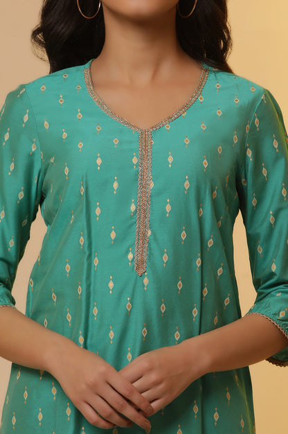 Green Embellished Festive Kurta with Gold Puff Print