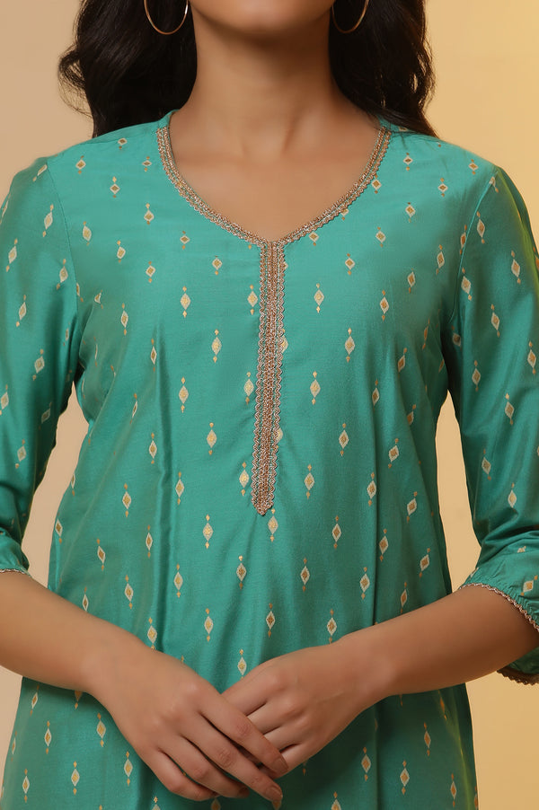 Green Embellished Festive Kurta with Gold Puff Print
