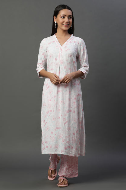 White Floral Printed V-neck Kurta