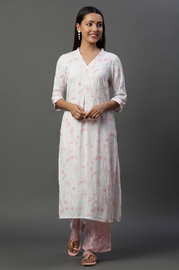 White Floral Printed V-neck Kurta