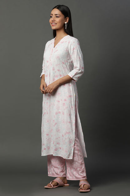 White Floral Printed V-neck Kurta