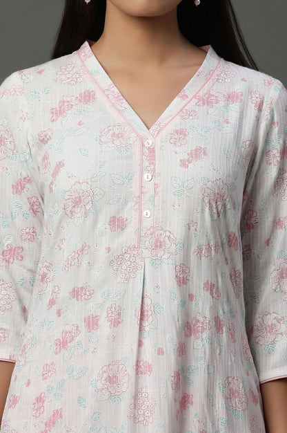 White Floral Printed V-neck Kurta