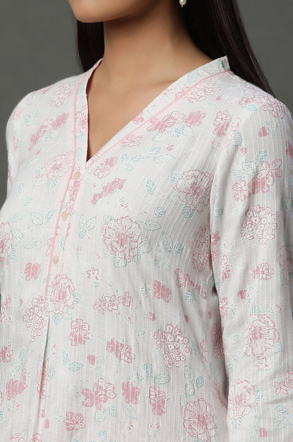 White Floral Printed V-neck Kurta