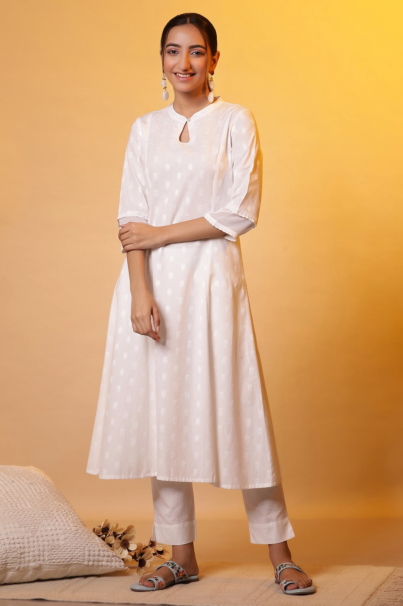 White A-line Printed Dobby Kurta