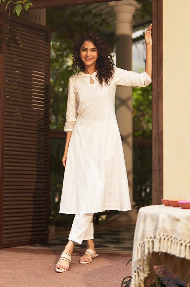 White A-line Printed Dobby Kurta