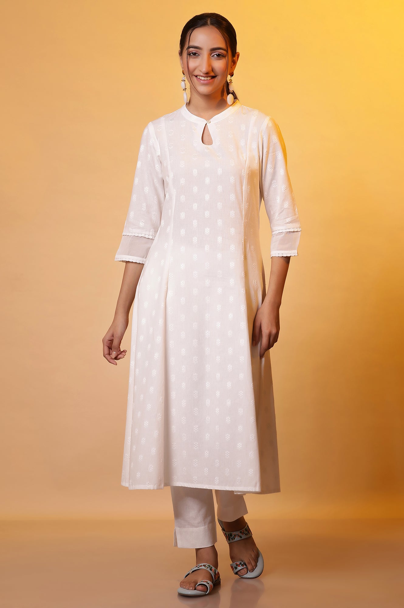 White A-line Printed Dobby Kurta