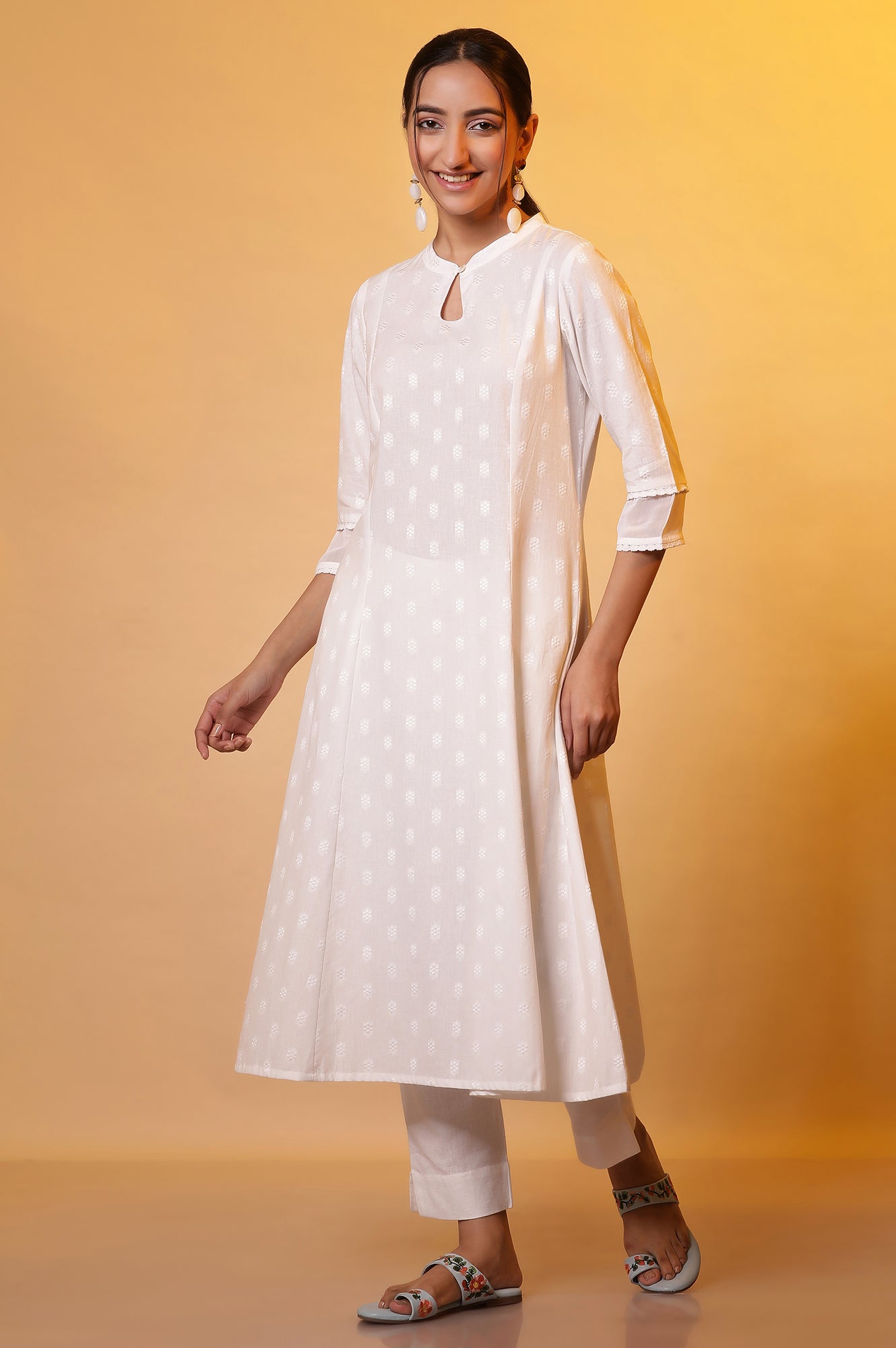 White A-line Printed Dobby Kurta