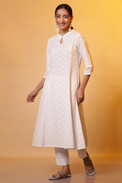 White A-line Printed Dobby Kurta