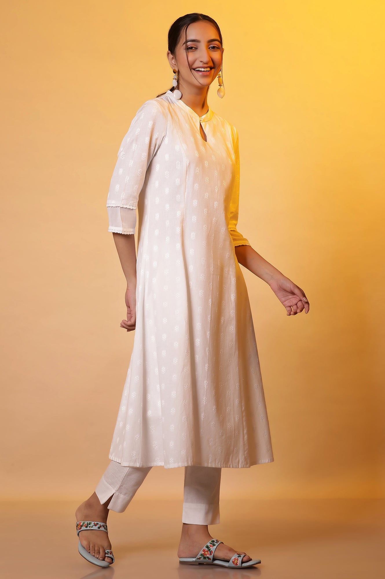 White A-line Printed Dobby Kurta