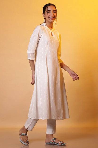 White A-line Printed Dobby Kurta