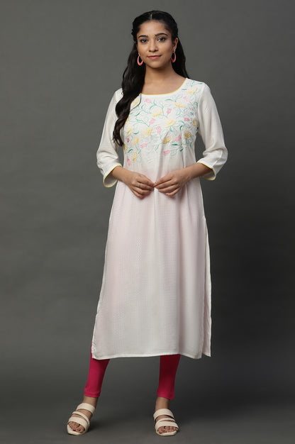 White Embroidered Dooby Straight Kurta