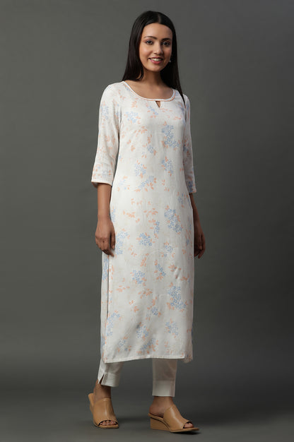 White Boat Neck Floral Printed Kurta