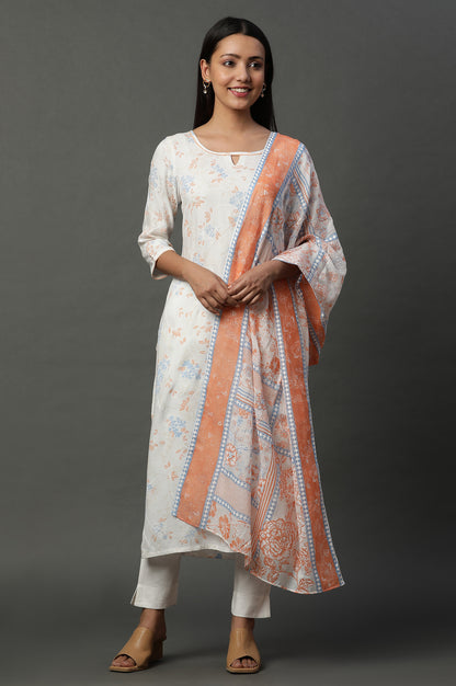 White Boat Neck Floral Printed Kurta