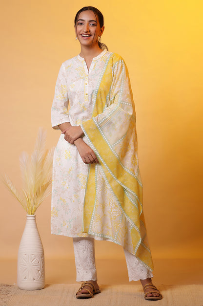 White Seer Sucker Floral Printed Casual Kurta