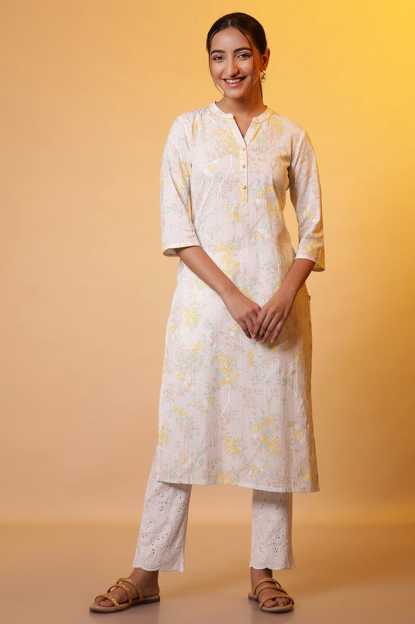 White Textured Cotton Floral Printed Casual Kurta