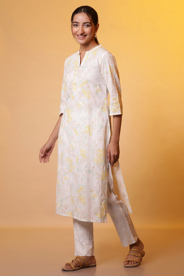 White Textured Cotton Floral Printed Casual Kurta
