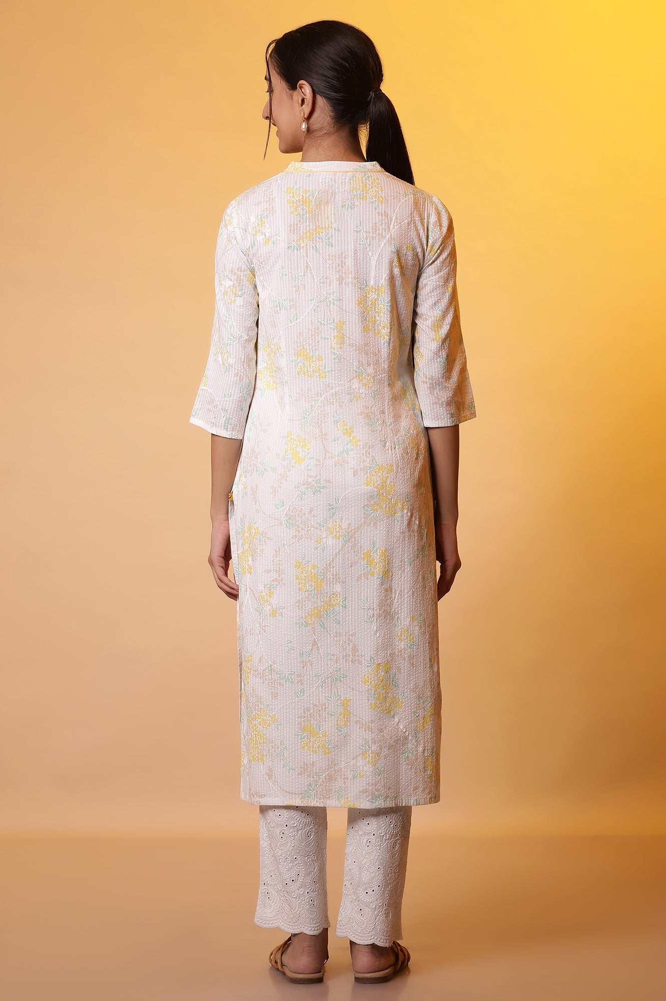 White Seer Sucker Floral Printed Casual Kurta