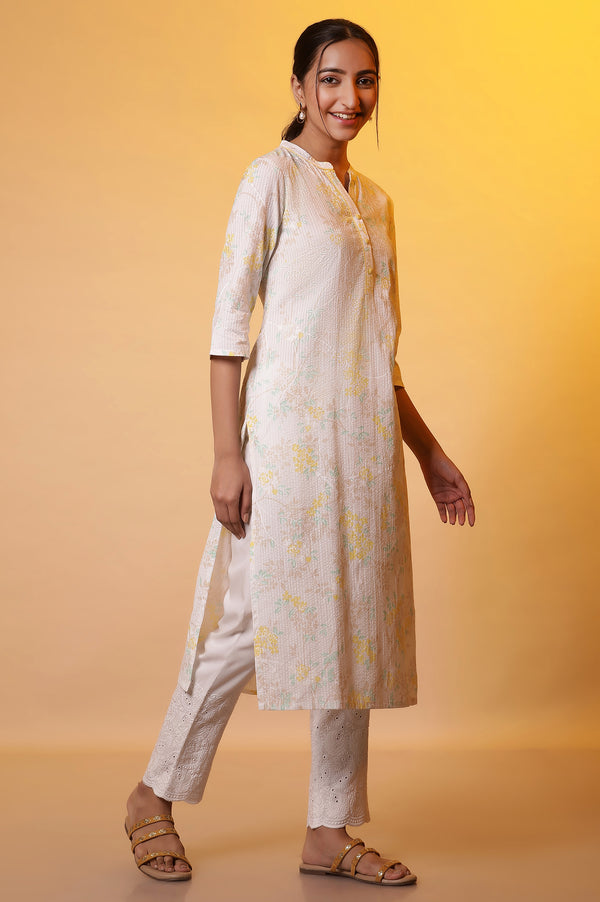 White Textured Cotton Floral Printed Casual Kurta