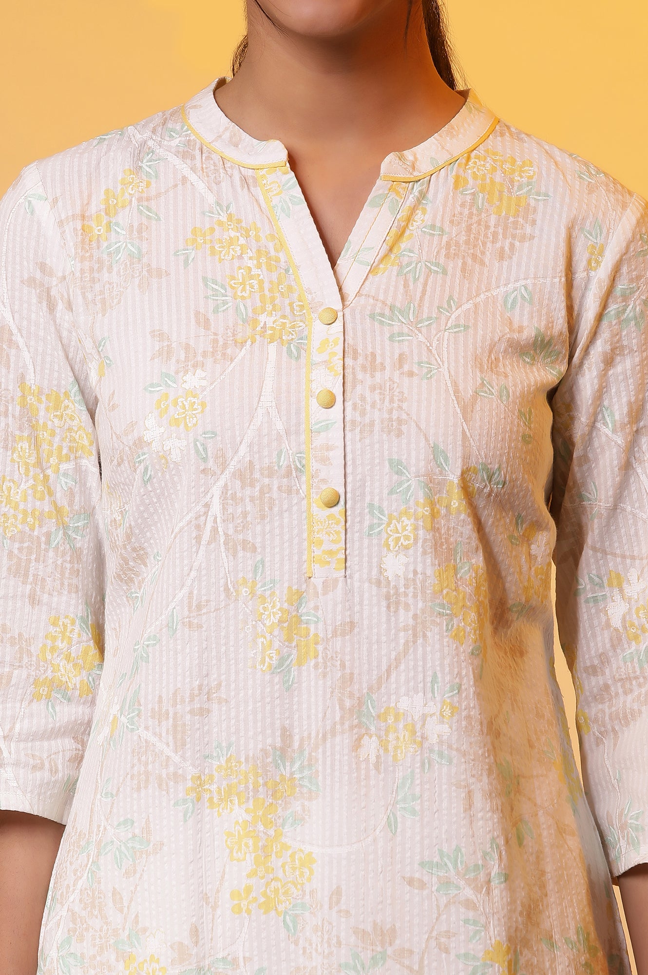 White Seer Sucker Floral Printed Casual Kurta