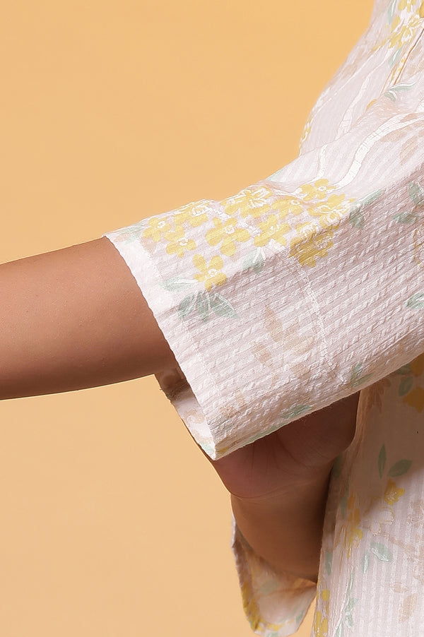 White Textured Cotton Floral Printed Casual Kurta