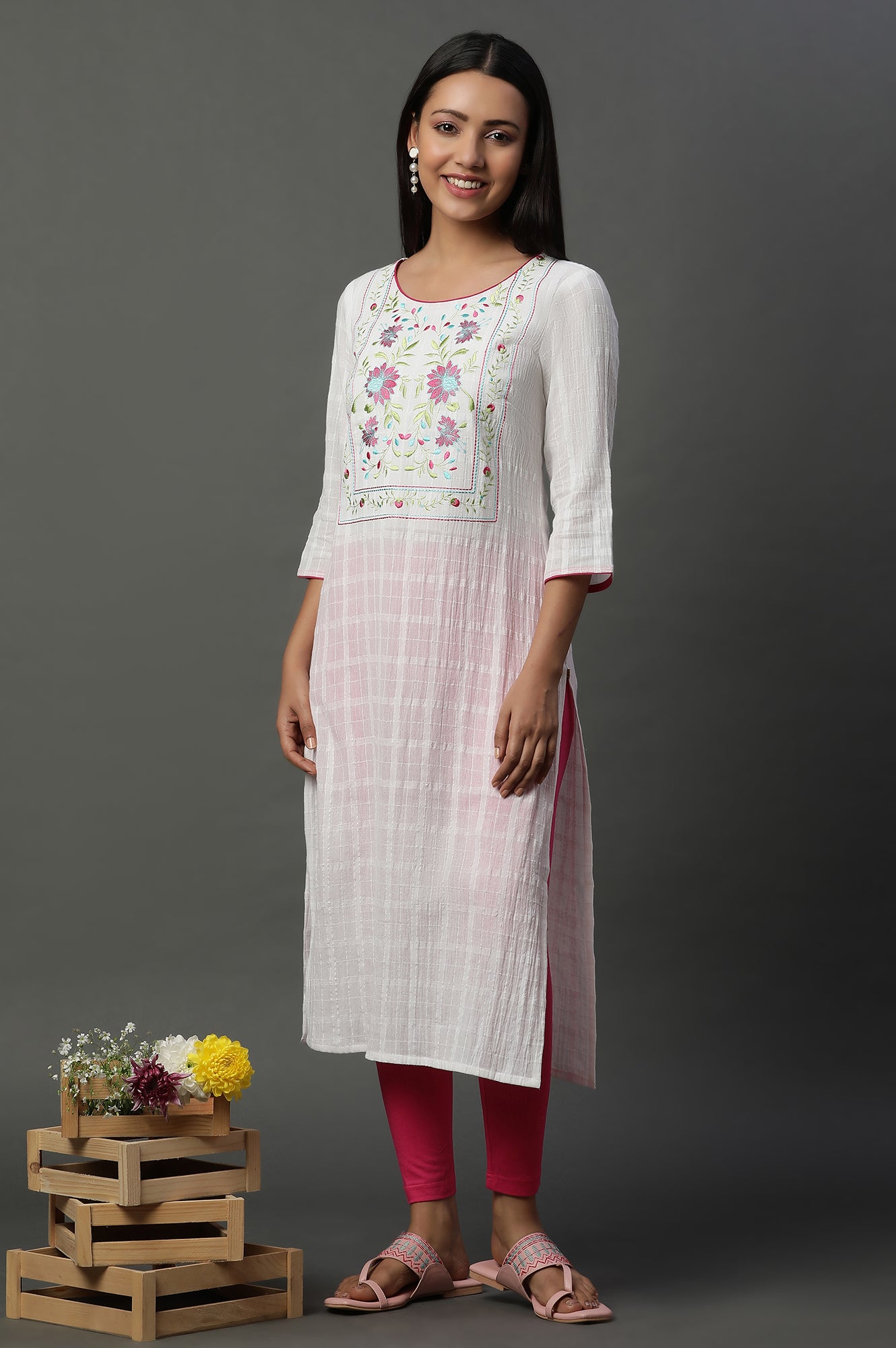 White Cotton Dobby Embroidered Kurta