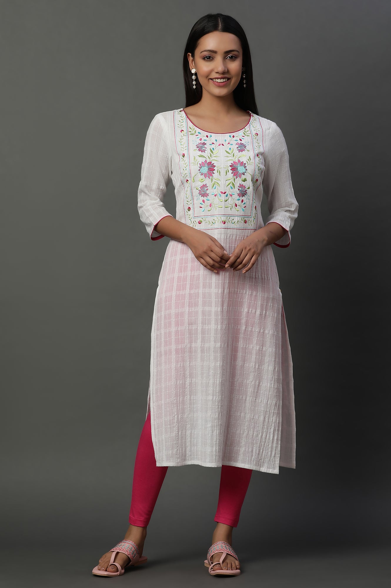 White Cotton Dobby Embroidered Kurta