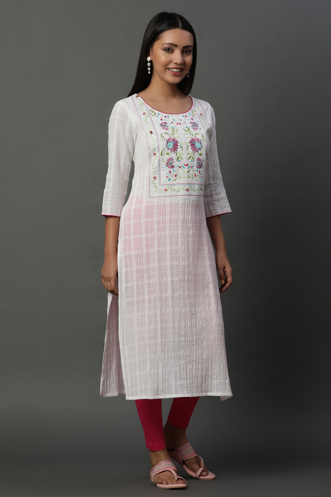 White Cotton Dobby Embroidered Kurta