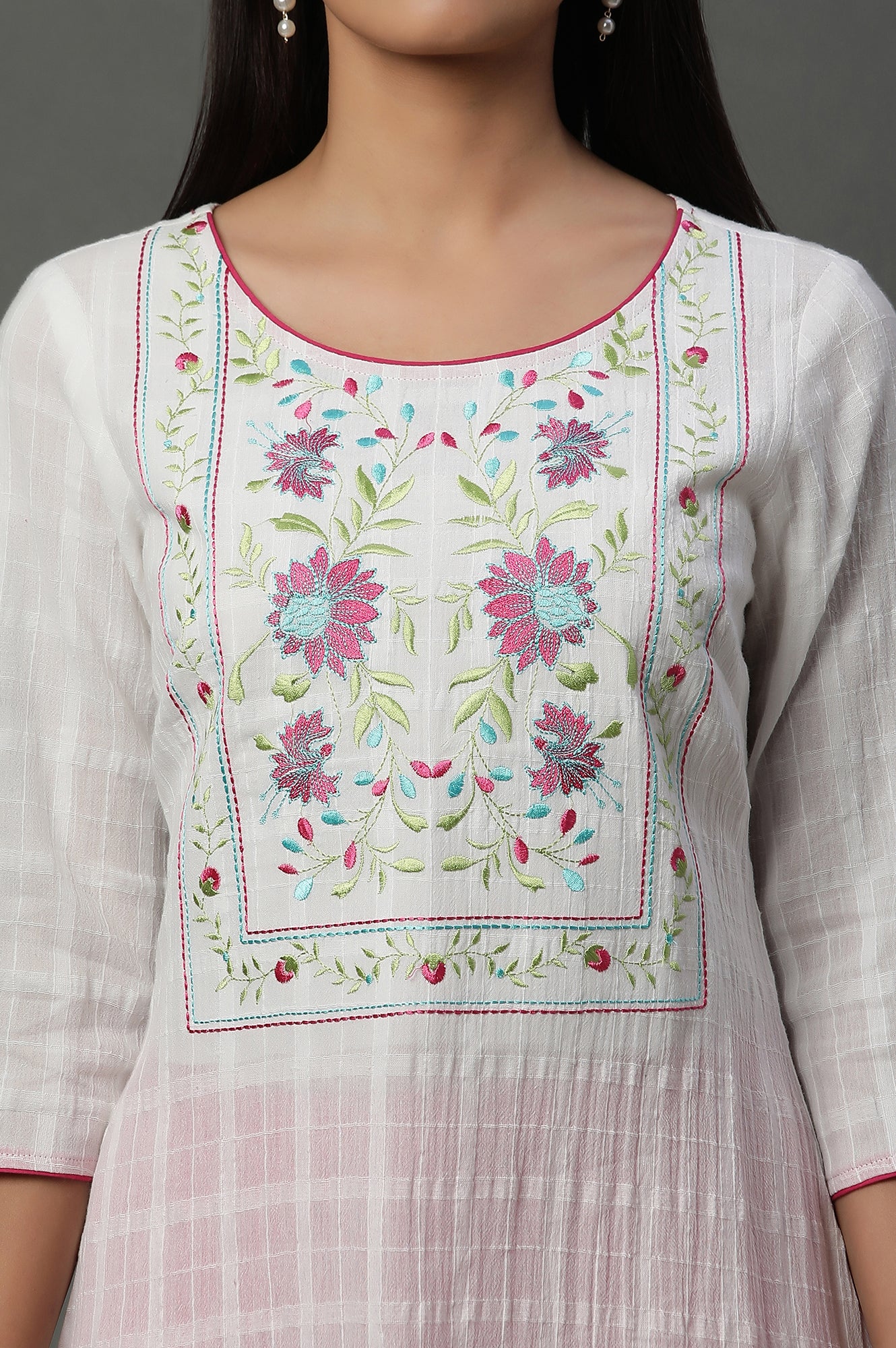 White Cotton Dobby Embroidered Kurta