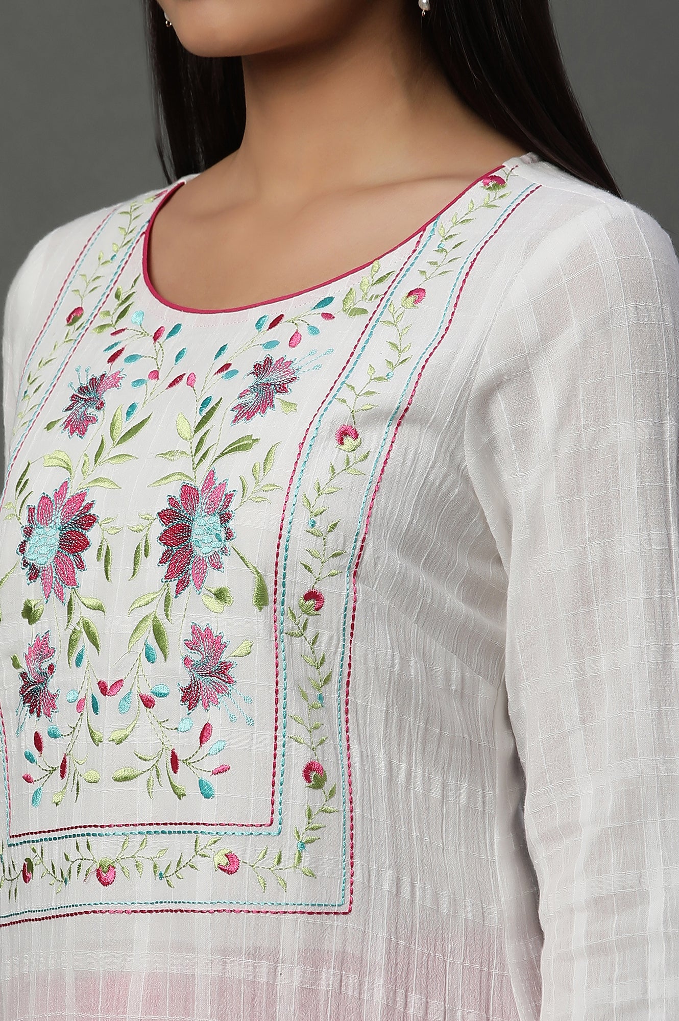 White Cotton Dobby Embroidered Kurta