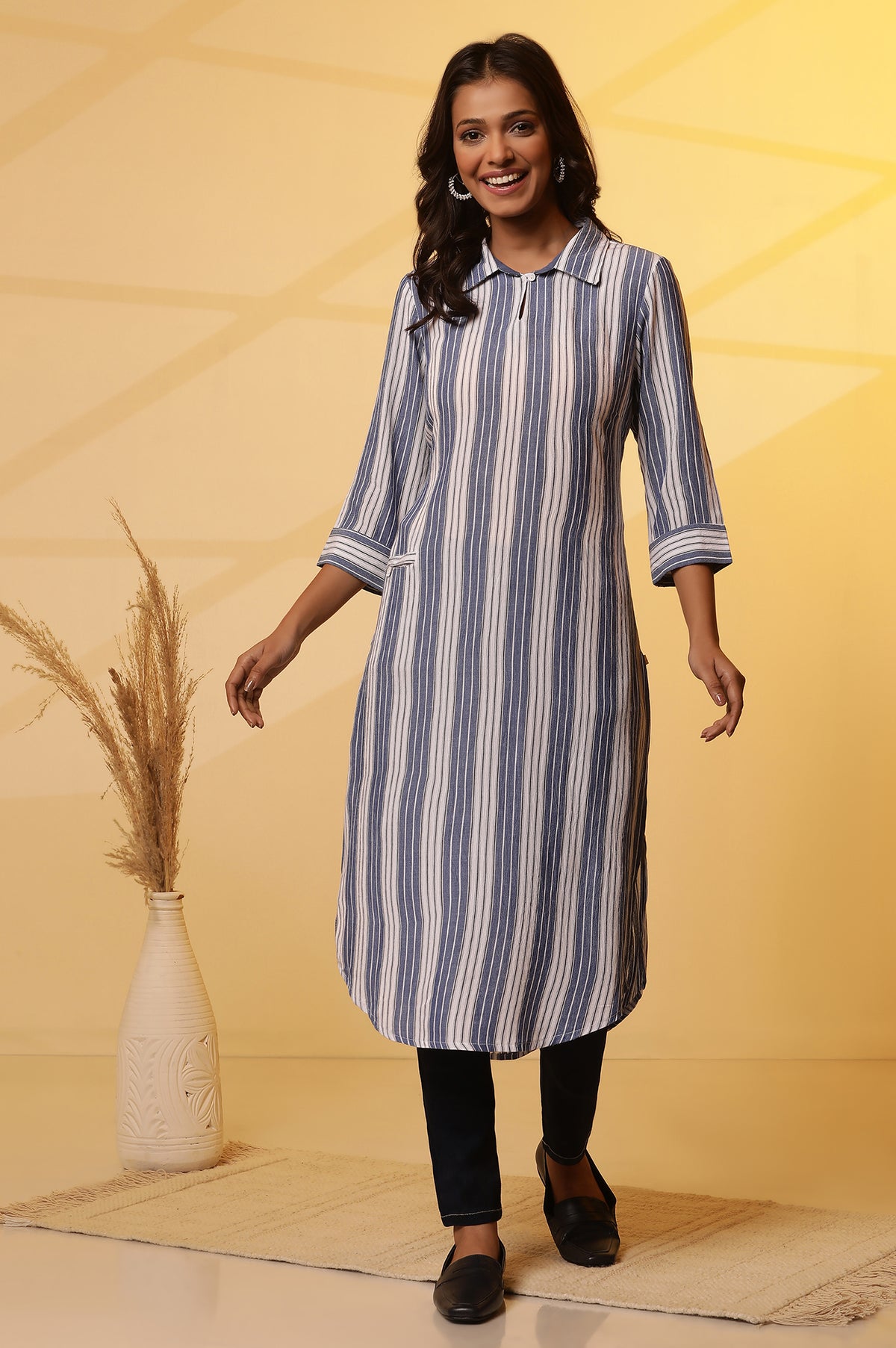 Elleven Women's Blue and White Stripe Yarn-Dyed Casual Kurta - XS