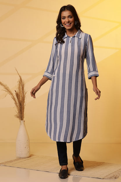 Blue and White Stripe Yarn-Dyed Casual Kurta