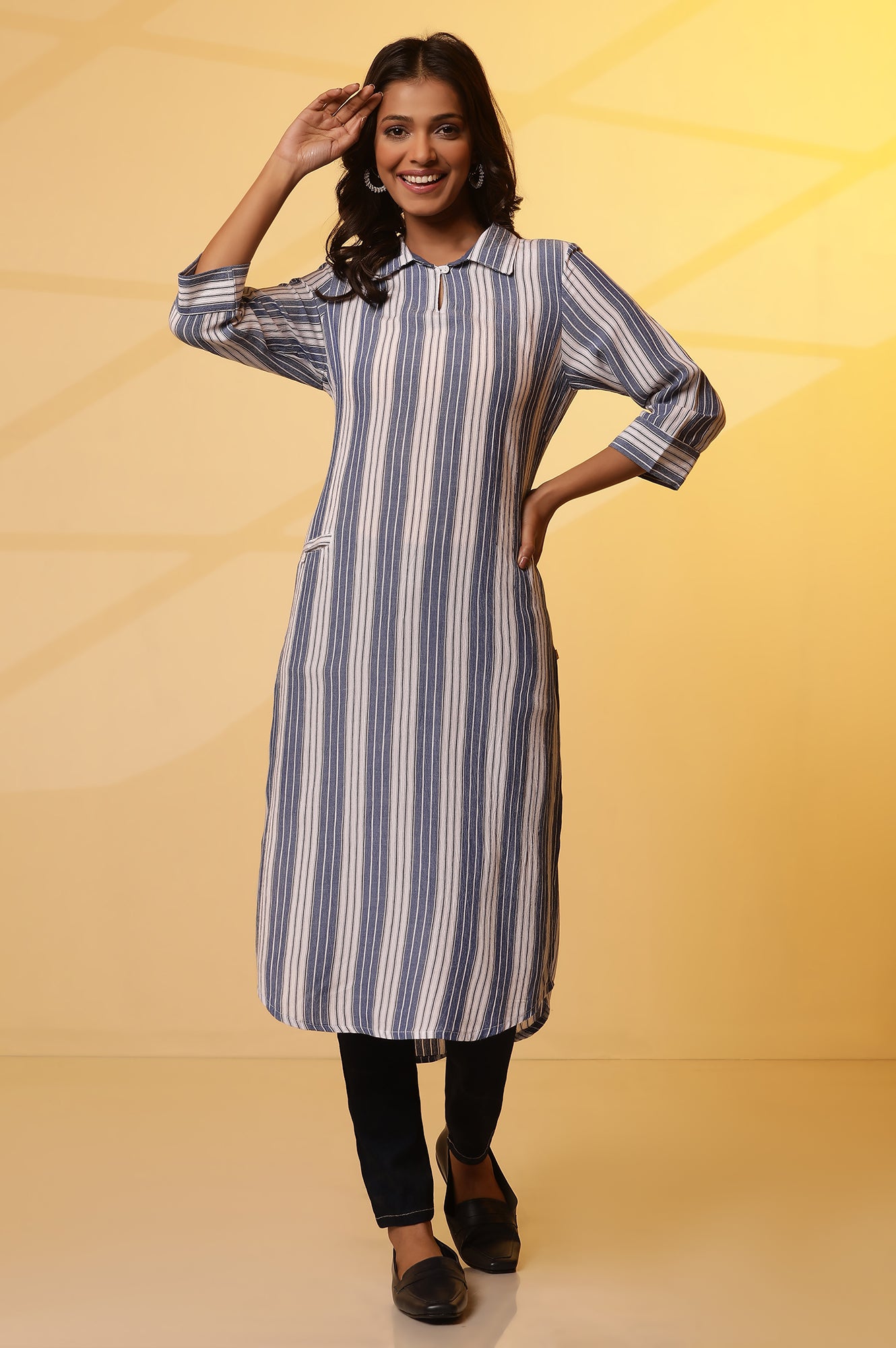 Blue and White Stripe Yarn-Dyed Casual Kurta