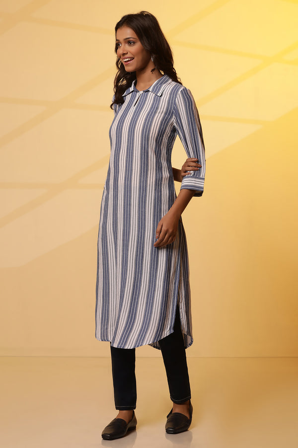 Blue and White Stripe Yarn-Dyed Casual Kurta