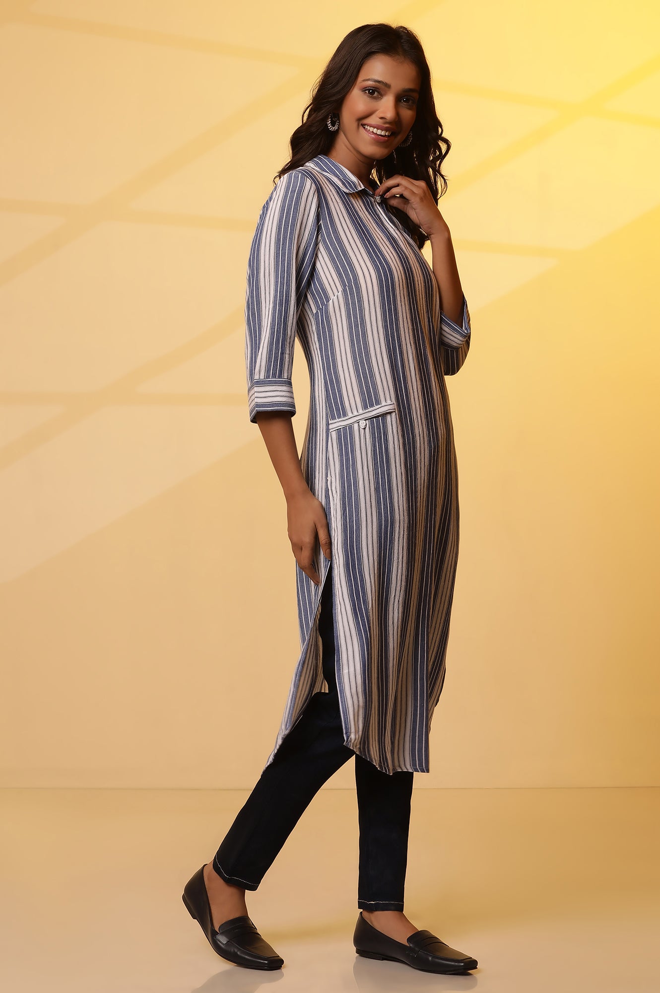 Blue and White Stripe Yarn-Dyed Casual Kurta