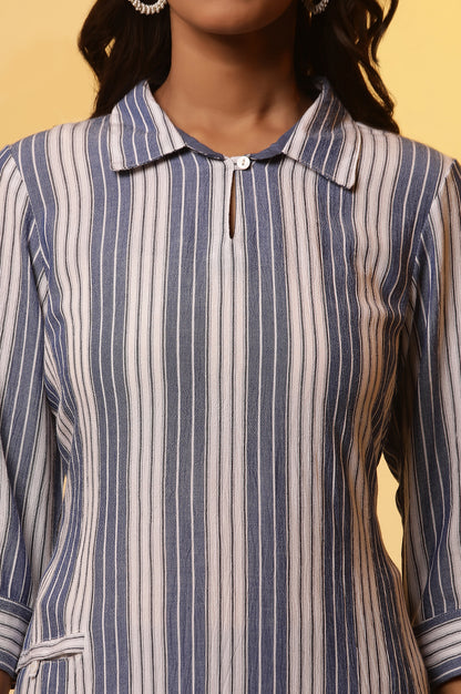 Blue and White Stripe Yarn-Dyed Casual Kurta