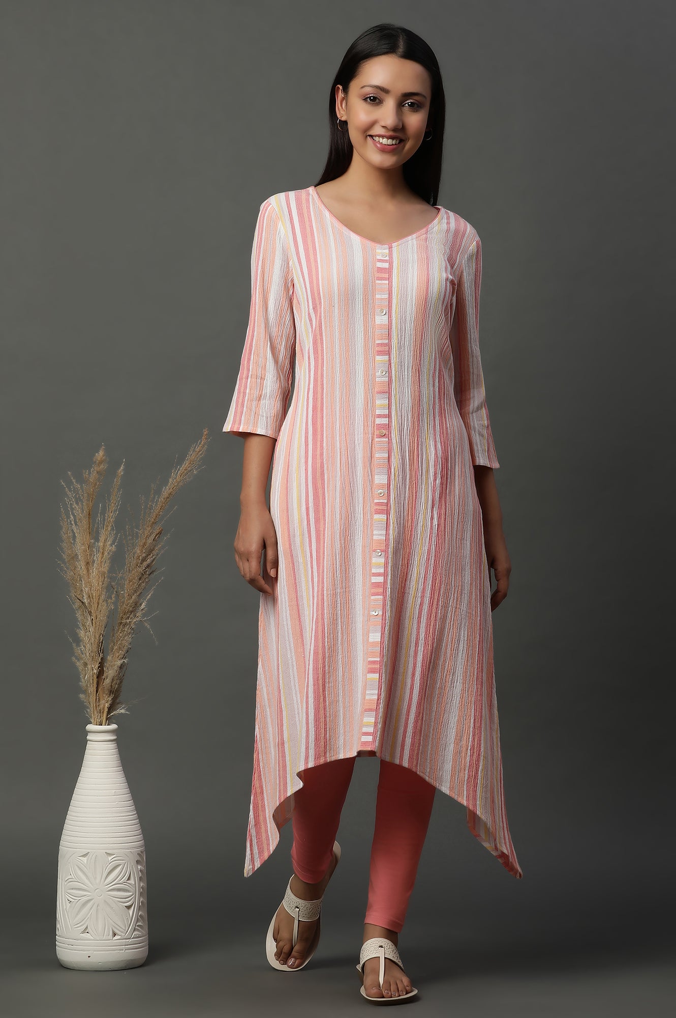 Pink Asymetrical Stripe Printed Cotton Kurta