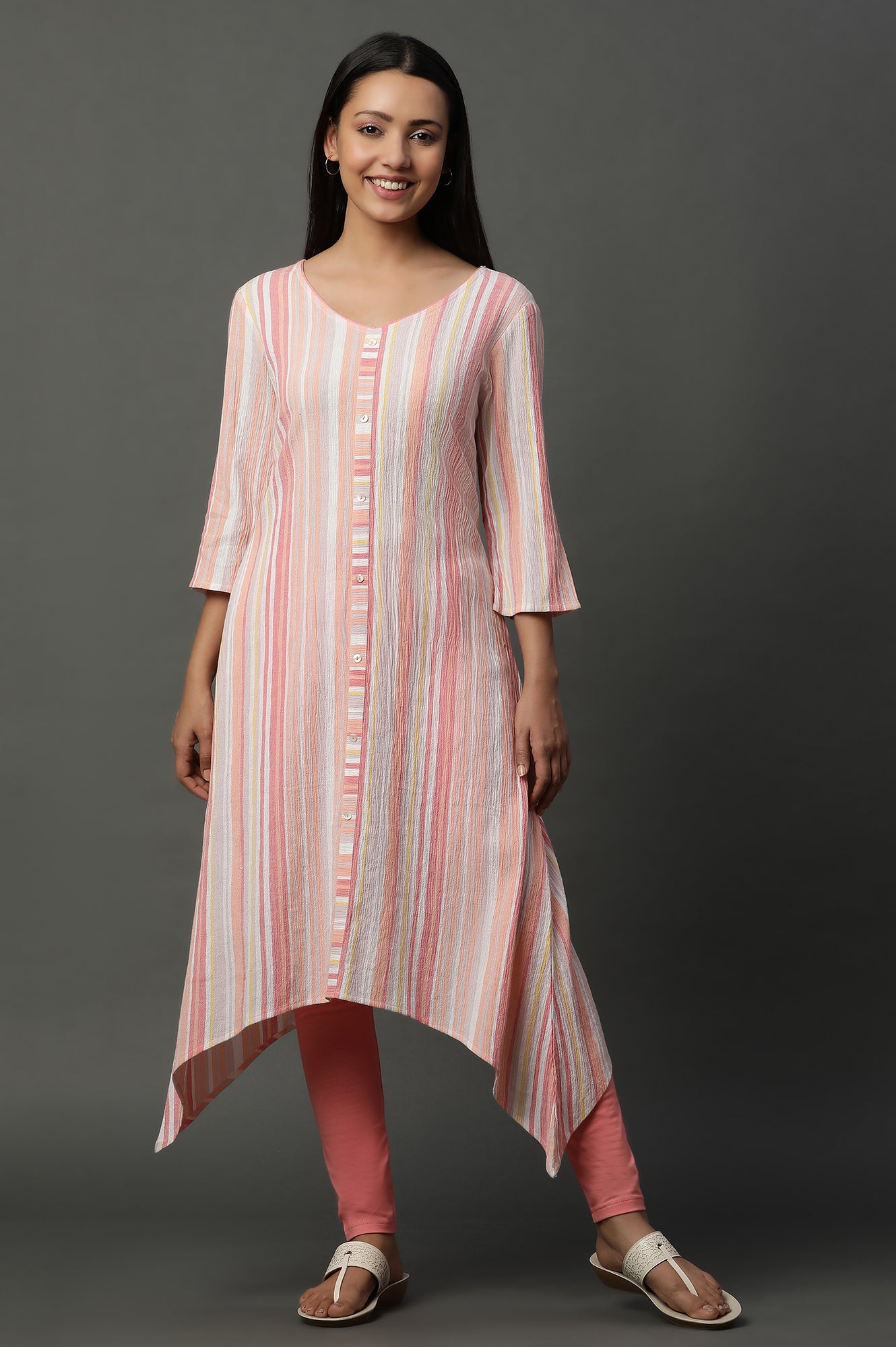 Pink Asymetrical Stripe Printed Cotton Kurta