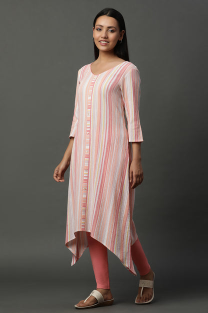 Pink Asymetrical Stripe Printed Cotton Kurta