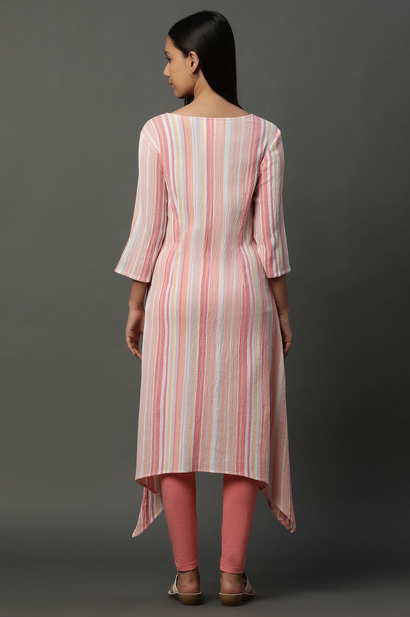 Pink Asymetrical Stripe Printed Cotton Kurta