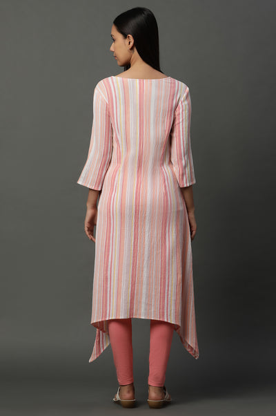 Pink Asymetrical Stripe Printed Cotton Kurta