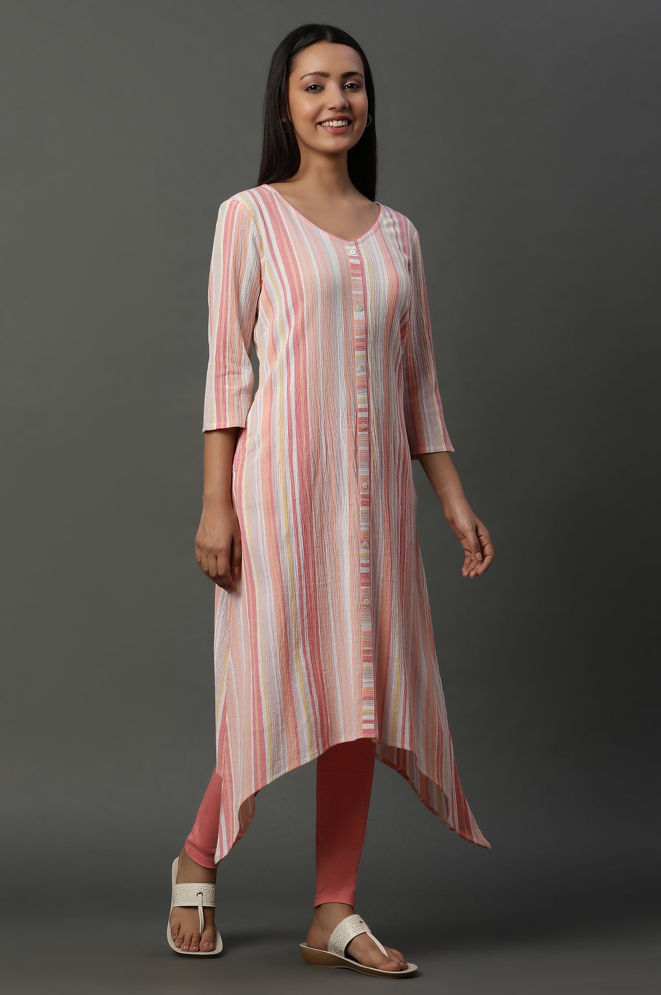 Pink Asymetrical Stripe Printed Cotton Kurta