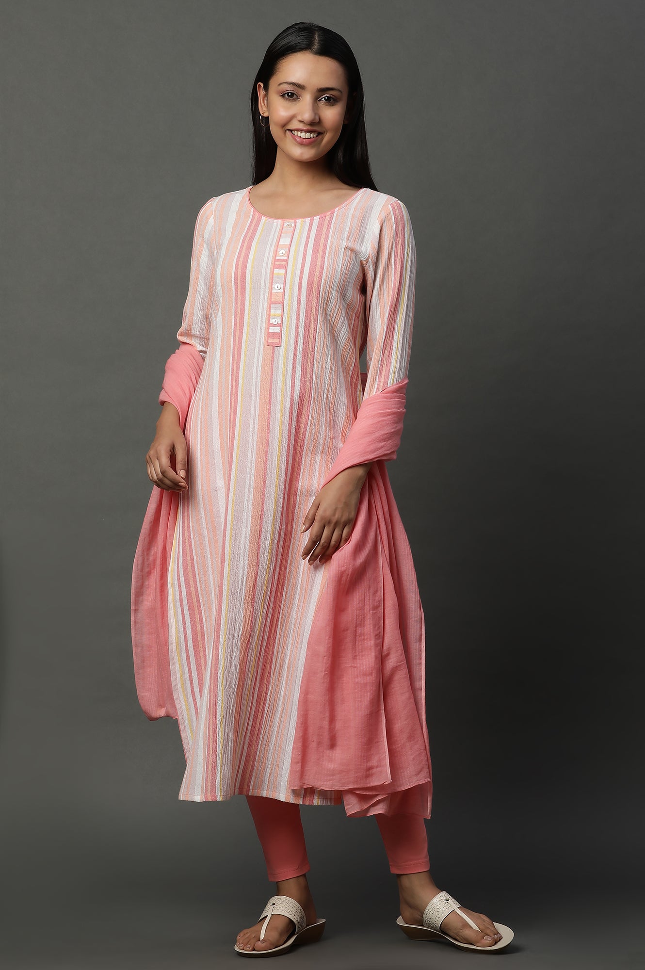 Pink Asymetrical Stripe Printed Cotton Kurta