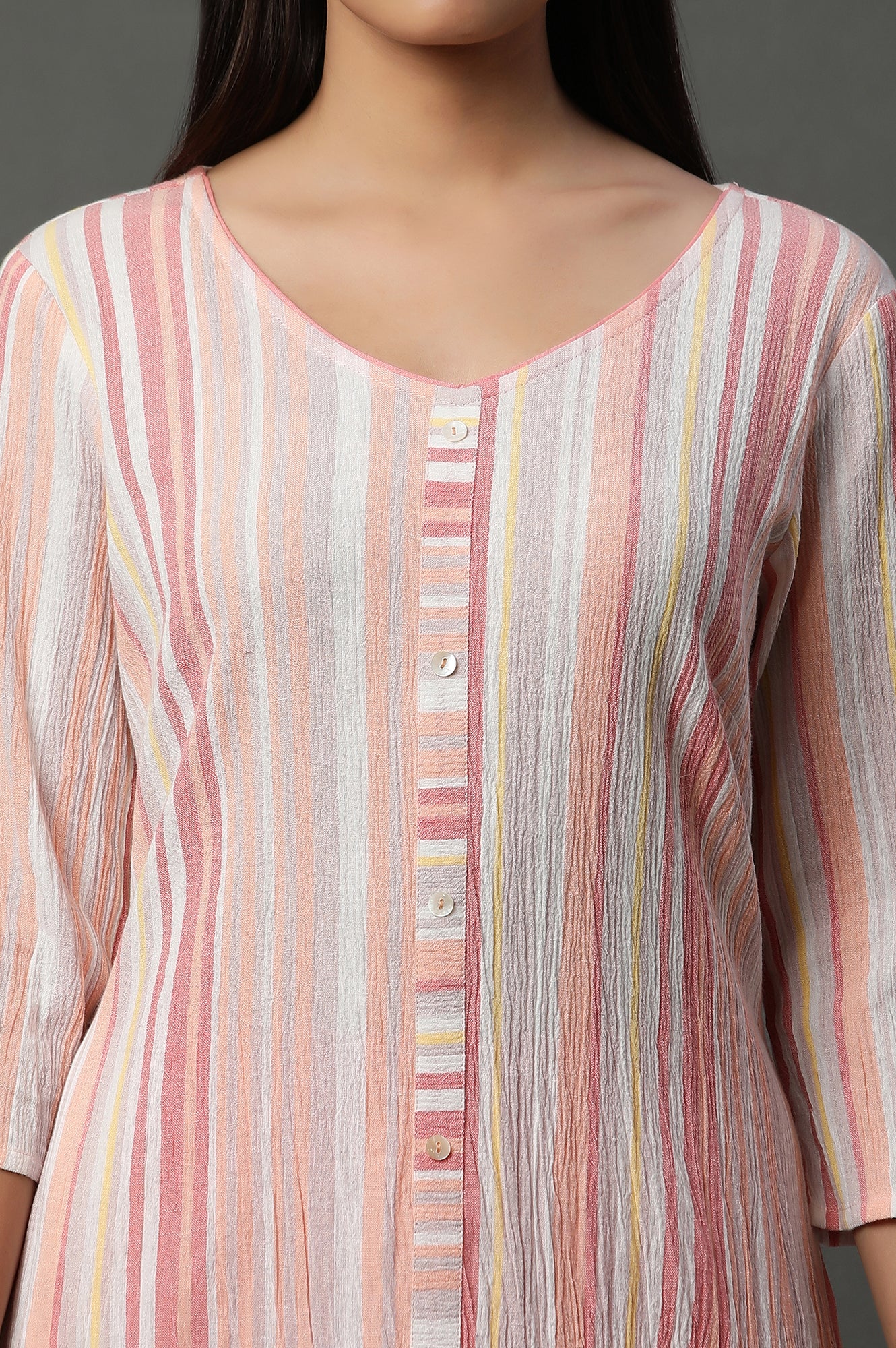 Pink Asymetrical Stripe Printed Cotton Kurta