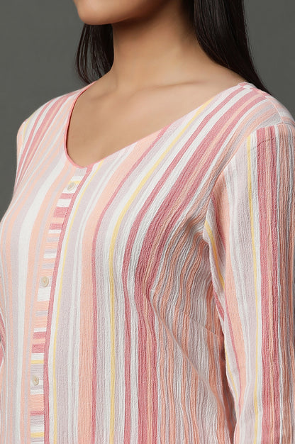 Pink Asymetrical Stripe Printed Cotton Kurta