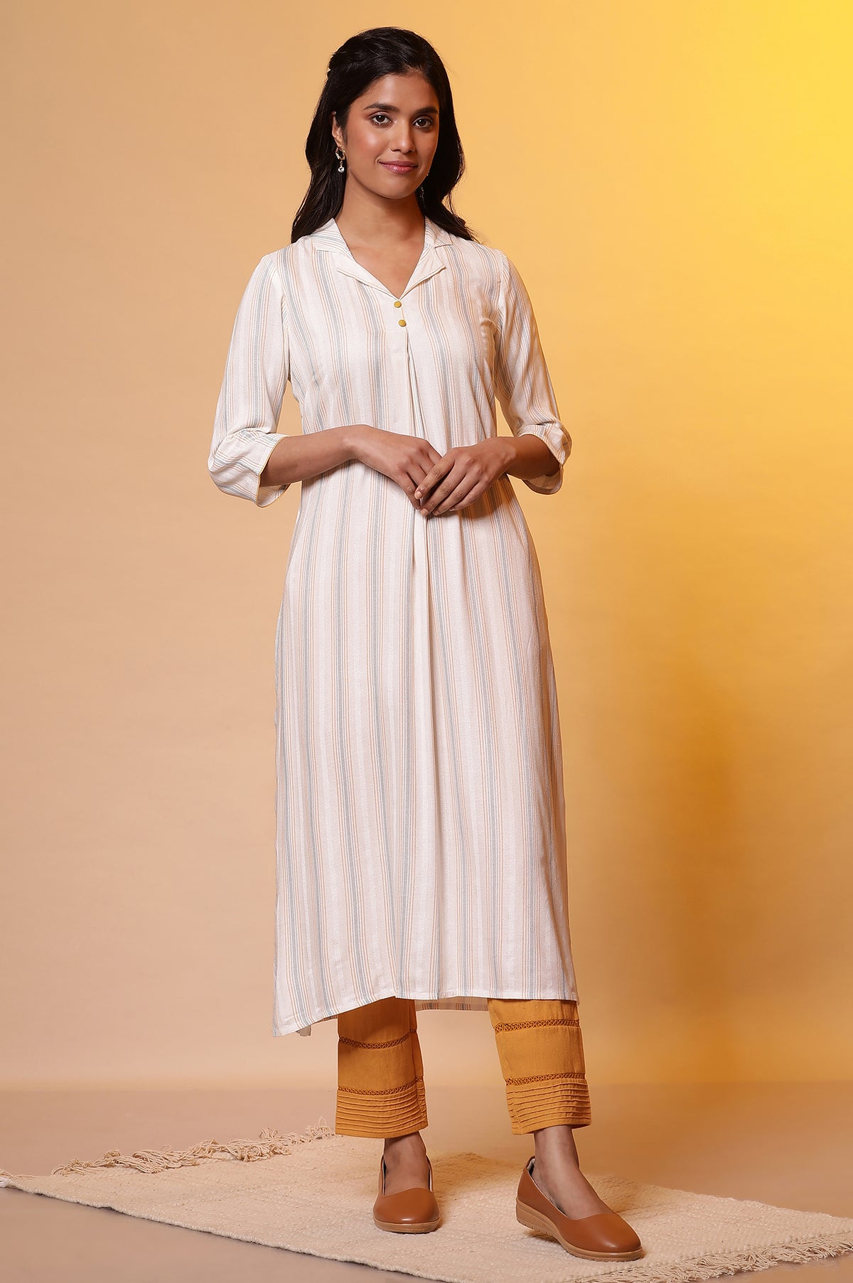 White Striped Shirt Kurta - XS